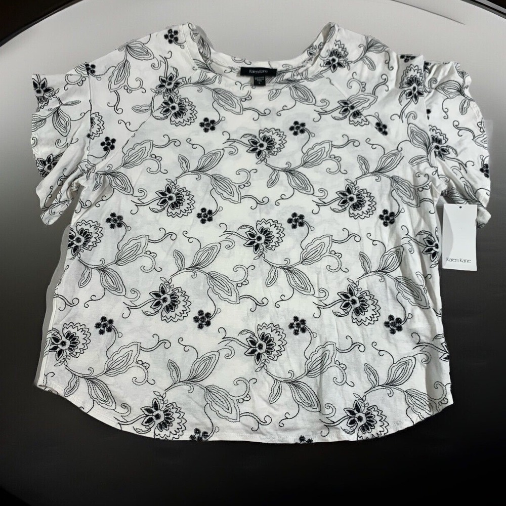 Karen Kane Amalfi Coast Top Womens Large White Black Embroidered Ruffle 2L61558